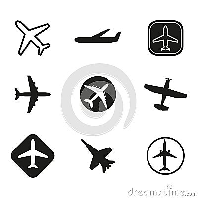 Plane icon set. Airplane silhouettes isolated on white background. Vector illustration. Vector Illustration